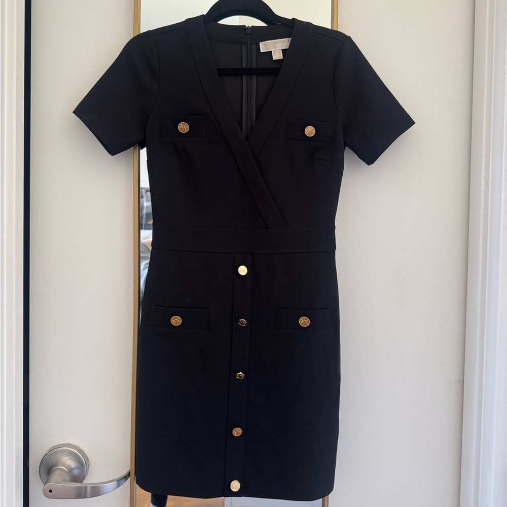 MICHAEL Michael Kors Black Midi Dress with Gold Accents